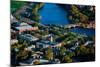 AERIAL VIEW of Cambridge and Anderson Memorial Bridge leading to Weld Boathouse, Harvard on Char...-null-Mounted Photographic Print