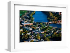 AERIAL VIEW of Cambridge and Anderson Memorial Bridge leading to Weld Boathouse, Harvard on Char...-null-Framed Photographic Print