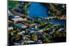 AERIAL VIEW of Cambridge and Anderson Memorial Bridge leading to Weld Boathouse, Harvard on Char...-null-Mounted Photographic Print