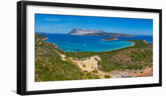 Aerial view of Capo Coda Cavallo and Isola Di Tavolara in the background, Olbia, Sardinia-Frank Fell-Framed Photographic Print