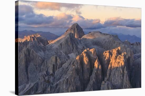 Aerial view of Catinaccio Group (Rosengarten) at sunset, Dolomites, South Tyrol, Italy, Europe-Roberto Moiola-Stretched Canvas