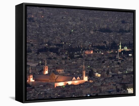 Aerial View of City at Night Including the Umayyad Mosque, Damascus, Syria-Christian Kober-Framed Stretched Canvas