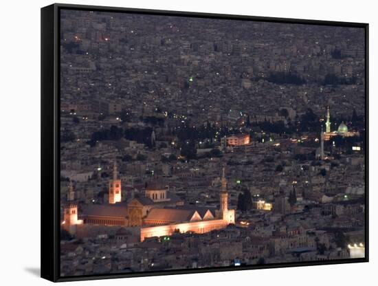 Aerial View of City at Night Including the Umayyad Mosque, Damascus, Syria-Christian Kober-Framed Stretched Canvas