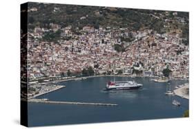 Aerial View of Ferry in Harbour, Skopelos, Sporades, Greek Islands, Greece, Europe-Rolf Richardson-Stretched Canvas