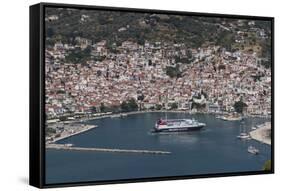 Aerial View of Ferry in Harbour, Skopelos, Sporades, Greek Islands, Greece, Europe-Rolf Richardson-Framed Stretched Canvas