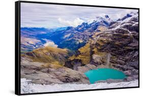 Aerial View of Glacier Lakes on Fox Glacier, South Island, New Zealand, Pacific-Laura Grier-Framed Stretched Canvas