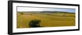 Aerial view of hay fields near Baslow village, Peak District National Park, Derbyshire, England-Frank Fell-Framed Photographic Print