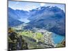 Aerial view of hikers on suspension bridge on Via Ferrata-Roberto Moiola-Mounted Photographic Print