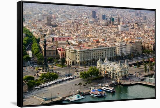 Aerial view of La Rambla near the waterfront with Columbus statue in Barcelona, Spain-null-Framed Stretched Canvas