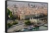 Aerial view of La Rambla near the waterfront with Columbus statue in Barcelona, Spain-null-Framed Stretched Canvas