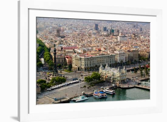 Aerial view of La Rambla near the waterfront with Columbus statue in Barcelona, Spain-null-Framed Photographic Print