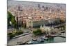 Aerial view of La Rambla near the waterfront with Columbus statue in Barcelona, Spain-null-Mounted Photographic Print