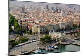 Aerial view of La Rambla near the waterfront with Columbus statue in Barcelona, Spain-null-Mounted Photographic Print