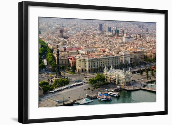 Aerial view of La Rambla near the waterfront with Columbus statue in Barcelona, Spain-null-Framed Photographic Print