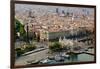 Aerial view of La Rambla near the waterfront with Columbus statue in Barcelona, Spain-null-Framed Photographic Print