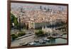 Aerial view of La Rambla near the waterfront with Columbus statue in Barcelona, Spain-null-Framed Photographic Print