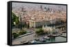 Aerial view of La Rambla near the waterfront with Columbus statue in Barcelona, Spain-null-Framed Stretched Canvas