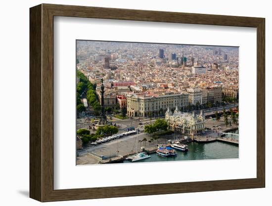 Aerial view of La Rambla near the waterfront with Columbus statue in Barcelona, Spain-null-Framed Photographic Print