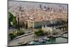 Aerial view of La Rambla near the waterfront with Columbus statue in Barcelona, Spain-null-Mounted Photographic Print