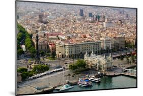 Aerial view of La Rambla near the waterfront with Columbus statue in Barcelona, Spain-null-Mounted Photographic Print