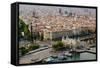 Aerial view of La Rambla near the waterfront with Columbus statue in Barcelona, Spain-null-Framed Stretched Canvas