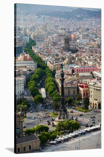 Aerial view of La Rambla near the waterfront with Columbus statue in Barcelona, Spain-null-Stretched Canvas