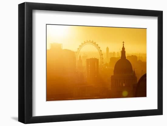 Aerial view of London skyline at sunset, including London Eye and St. Paul's Cathedral, London-Ed Hasler-Framed Photographic Print