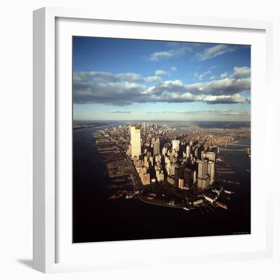 Aerial View of Lower Manhattan Skyline with Nearly Completed World Trade Center Towers-Henry Groskinsky-Framed Photographic Print