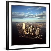 Aerial View of Lower Manhattan Skyline with Nearly Completed World Trade Center Towers-Henry Groskinsky-Framed Photographic Print