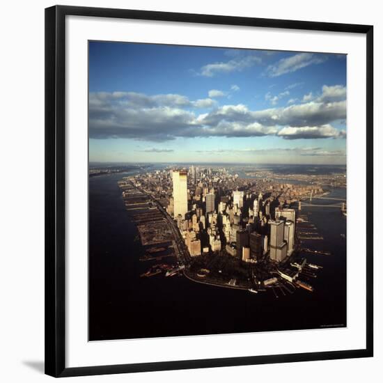 Aerial View of Lower Manhattan Skyline with Nearly Completed World Trade Center Towers-Henry Groskinsky-Framed Photographic Print