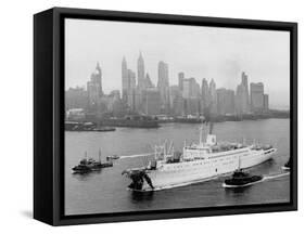 Aerial View of MS Stockholm Entering Harbor After Crash with SS Andrea Doria Against Skyline-Howard Sochurek-Framed Stretched Canvas