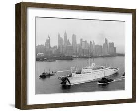 Aerial View of MS Stockholm Entering Harbor After Crash with SS Andrea Doria Against Skyline-Howard Sochurek-Framed Photographic Print