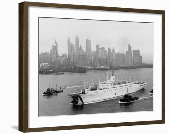 Aerial View of MS Stockholm Entering Harbor After Crash with SS Andrea Doria Against Skyline-Howard Sochurek-Framed Photographic Print