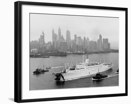 Aerial View of MS Stockholm Entering Harbor After Crash with SS Andrea Doria Against Skyline-Howard Sochurek-Framed Photographic Print