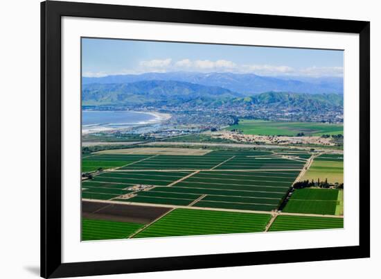 Aerial view of Oxnard farm fields in spring with Ventura City and Pacific Ocean in background, V...-null-Framed Photographic Print