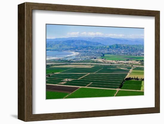 Aerial view of Oxnard farm fields in spring with Ventura City and Pacific Ocean in background, V...-null-Framed Photographic Print