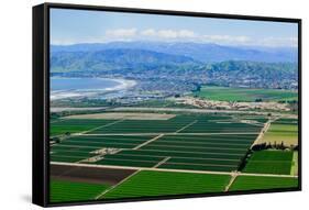 Aerial view of Oxnard farm fields in spring with Ventura City and Pacific Ocean in background, V...-null-Framed Stretched Canvas