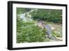 Aerial view of river, African Elephants (Loxodonta africana) and tourist lodge, Botswana-Jean Hosking-Framed Photographic Print