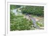 Aerial view of river, African Elephants (Loxodonta africana) and tourist lodge, Botswana-Jean Hosking-Framed Photographic Print