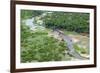 Aerial view of river, African Elephants (Loxodonta africana) and tourist lodge, Botswana-Jean Hosking-Framed Photographic Print