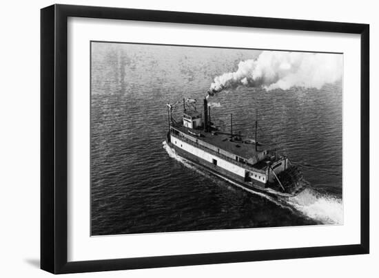 Aerial View of River Boat Skagit Bell Departing Dock - Seattle, WA-Lantern Press-Framed Art Print
