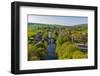 Aerial view of river Derwent and Baslow village, Peak District National Park, Derbyshire, England-Frank Fell-Framed Photographic Print