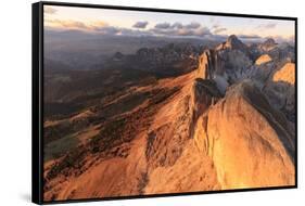 Aerial view of Roda Di Vael at sunset, Catinaccio Group (Rosengarten), Dolomites, South Tyrol, Ital-Roberto Moiola-Framed Stretched Canvas