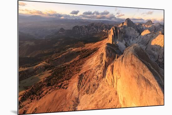 Aerial view of Roda Di Vael at sunset, Catinaccio Group (Rosengarten), Dolomites, South Tyrol, Ital-Roberto Moiola-Mounted Photographic Print
