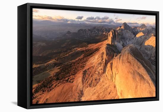 Aerial view of Roda Di Vael at sunset, Catinaccio Group (Rosengarten), Dolomites, South Tyrol, Ital-Roberto Moiola-Framed Stretched Canvas