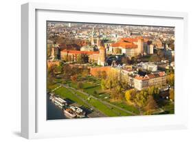 Aerial View of Royal Wawel Castle with Park and Vistula River in Krakow, Poland.-De Visu-Framed Photographic Print