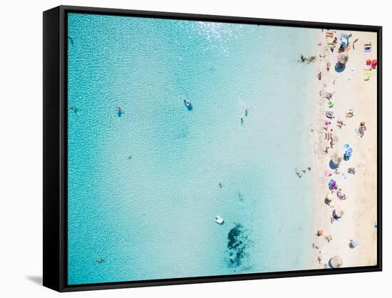 Aerial View of Sandy Beach with Tourists Swimming in Beautiful Clear Sea Water-paul prescott-Framed Stretched Canvas