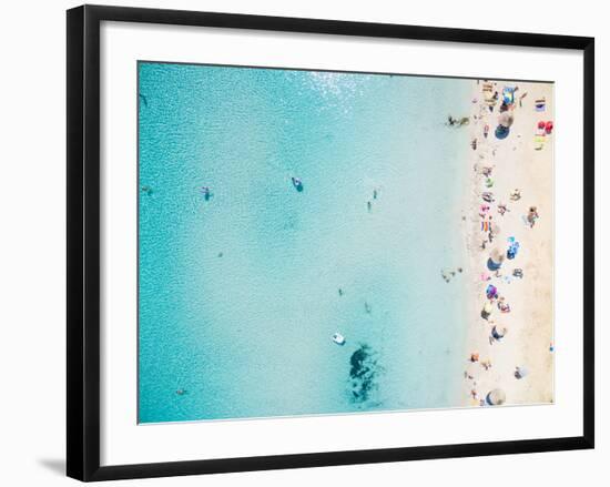 Aerial View of Sandy Beach with Tourists Swimming in Beautiful Clear Sea Water-paul prescott-Framed Photographic Print