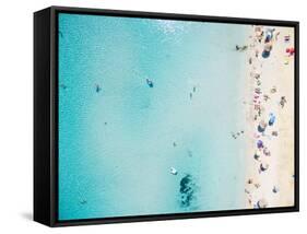 Aerial View of Sandy Beach with Tourists Swimming in Beautiful Clear Sea Water-paul prescott-Framed Stretched Canvas