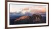 Aerial view of Sassolungo and Sassopiatto mountain range at sunset, Dolomites, South Tyrol, Italy, -Roberto Moiola-Framed Photographic Print